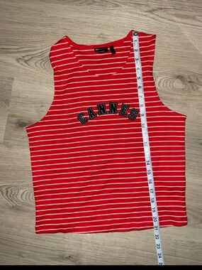 ASOS DESIGN Red & White Stripe Cannes Graphic Tank Top Size Large Sleeveless Tee
